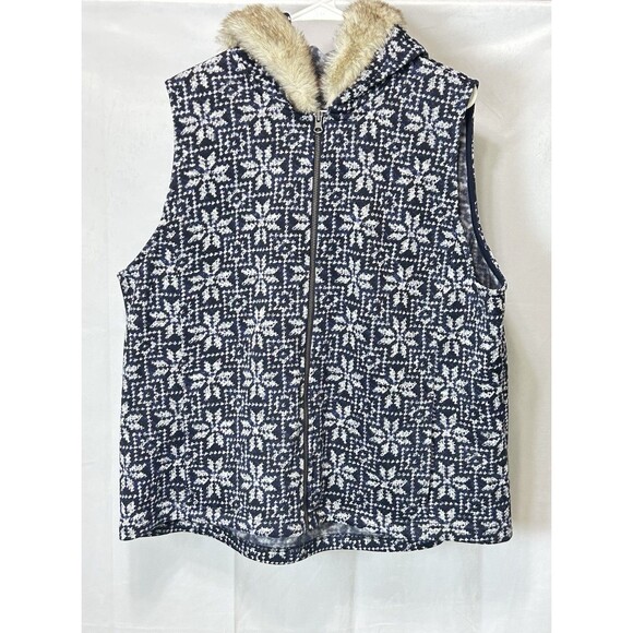 Talbots Women 2X Hooded Faux Fur Trim Full Zip Snowflake Blue Vest - Picture 1 of 9